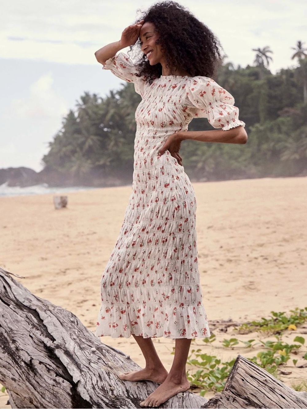 Doen Cream Midi Dress with Red Floral Print